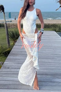 Fashion Sequin Sleeveless Fitted Rompers and Holiday Slit Maxi Skirt Set