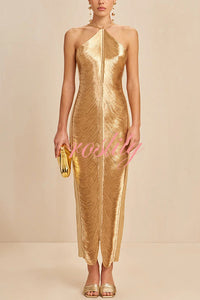 Sexy Allnight Metallic Halterneck Backless Fringed Slit Maxi Dress