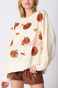 Halloween Colorful Pumpkin Embroidered Loose Casual Sweatshirt