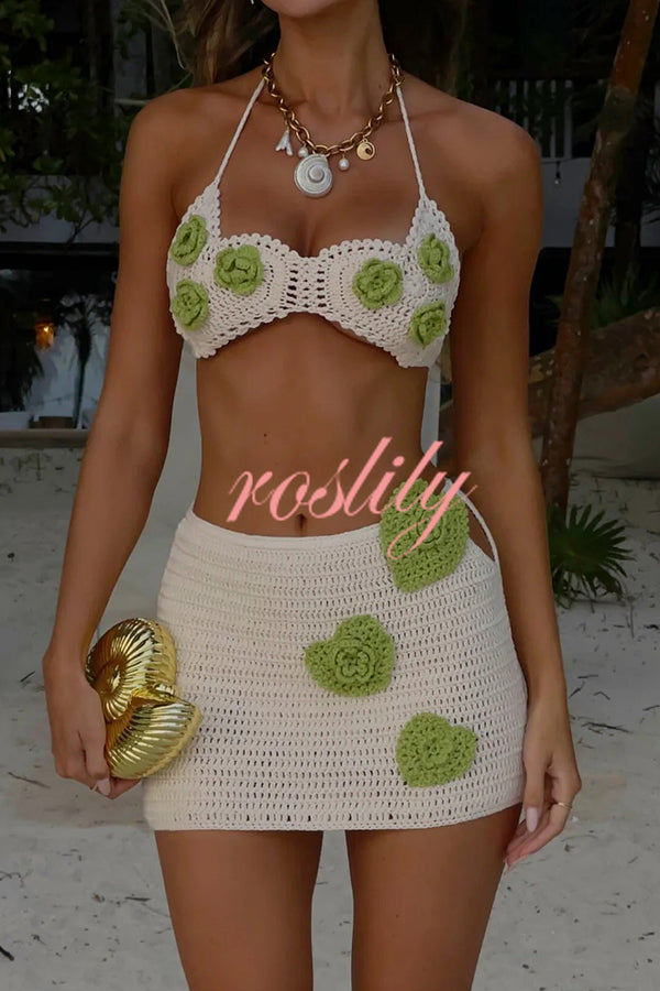 Fashion Crochet Floral Sexy Halter Top and Knit Hollow Mini Skirt Set