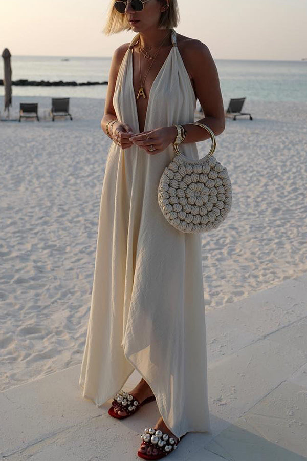 Bali Dreams Linen Blend Leather Tassel Design Halter Backless Beach Maxi Dress