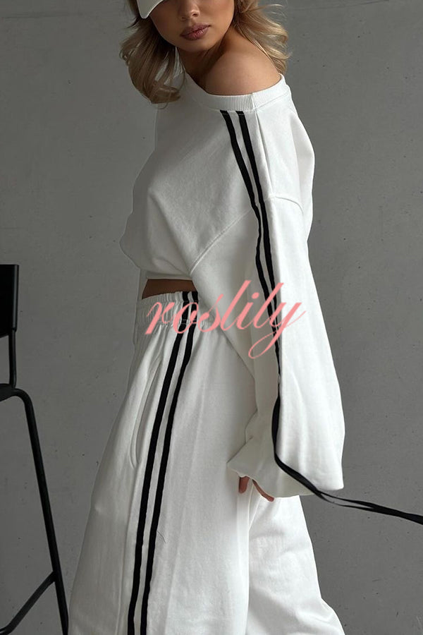 Contrast Color Webbing Casual Sweatshirt and Elastic Waist Tie Loose Pants Set