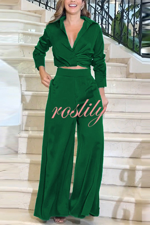 Satin Solid Color Lapel Long Sleeve Blouse and Loose-fitting Pocket Wide Leg Pants Set