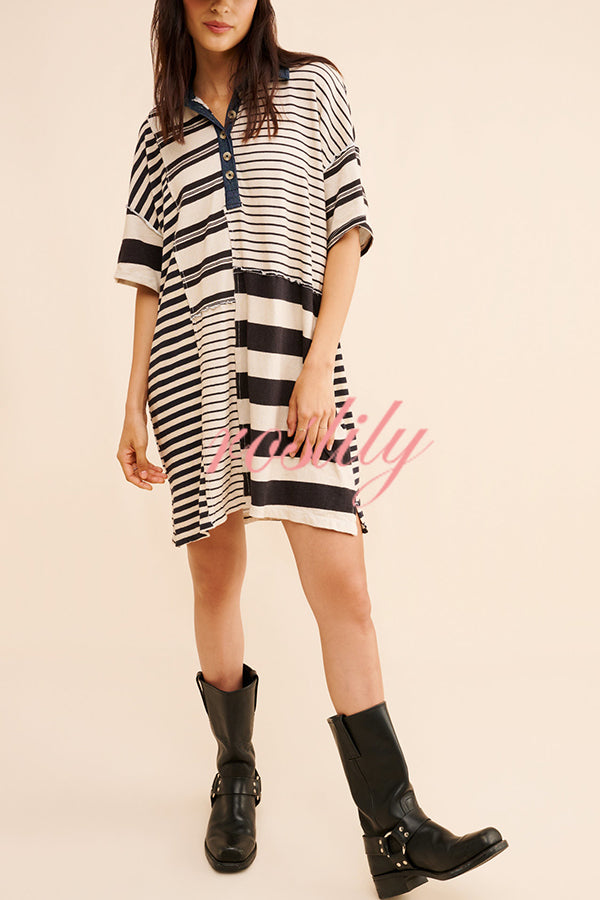 Contrast Striped Patchwork Denim Lapel Loose Casual Mini Dress