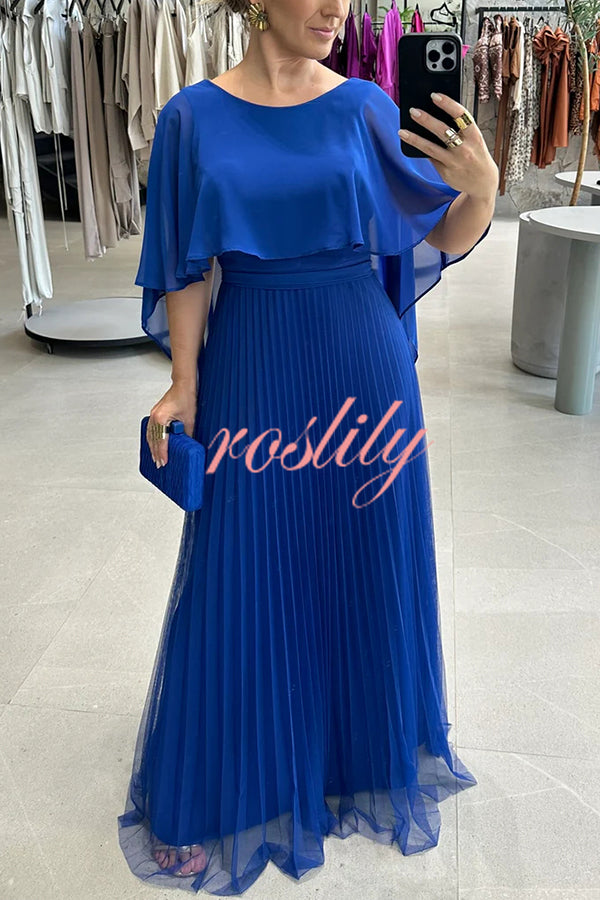 Ready for Holiday Cape Sleeve Tie-up Pleated Maxi Dress