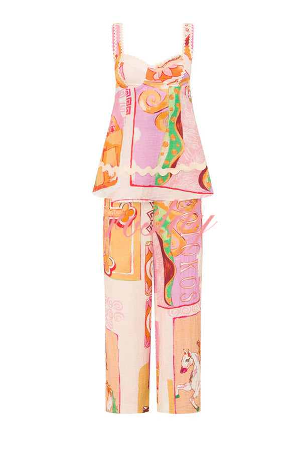 Carina Linen Blend Ric Rac Trims Unique Print Tank and Elastic Waist Loose Pants Set