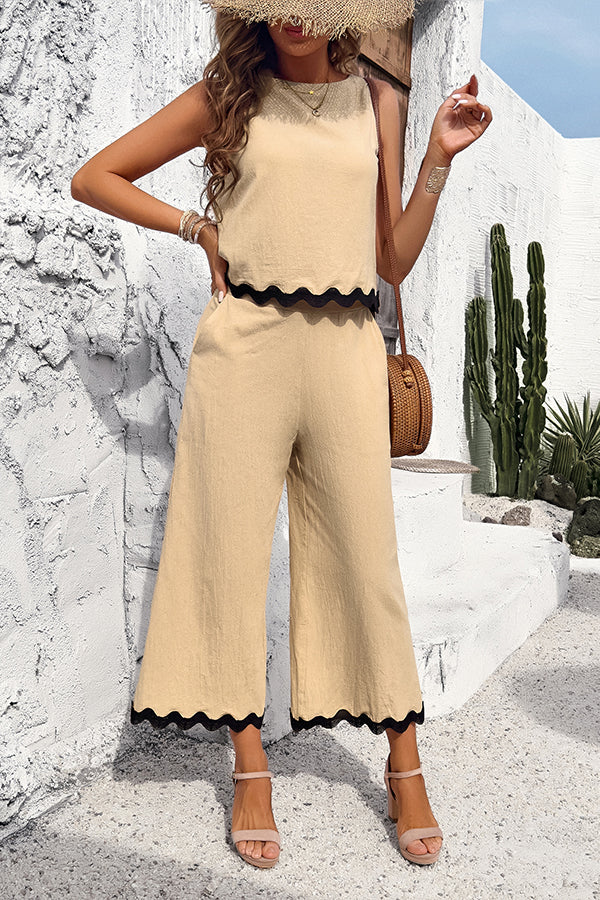 Wave Trimmed Round Neck Buttoned Elastic Waist Pants Suit