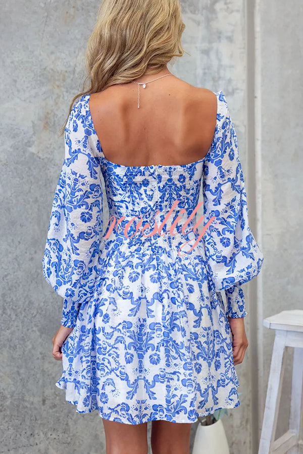 Formia Chiffon Unique Print Lantern Sleeve Back Smocked Mini Dress