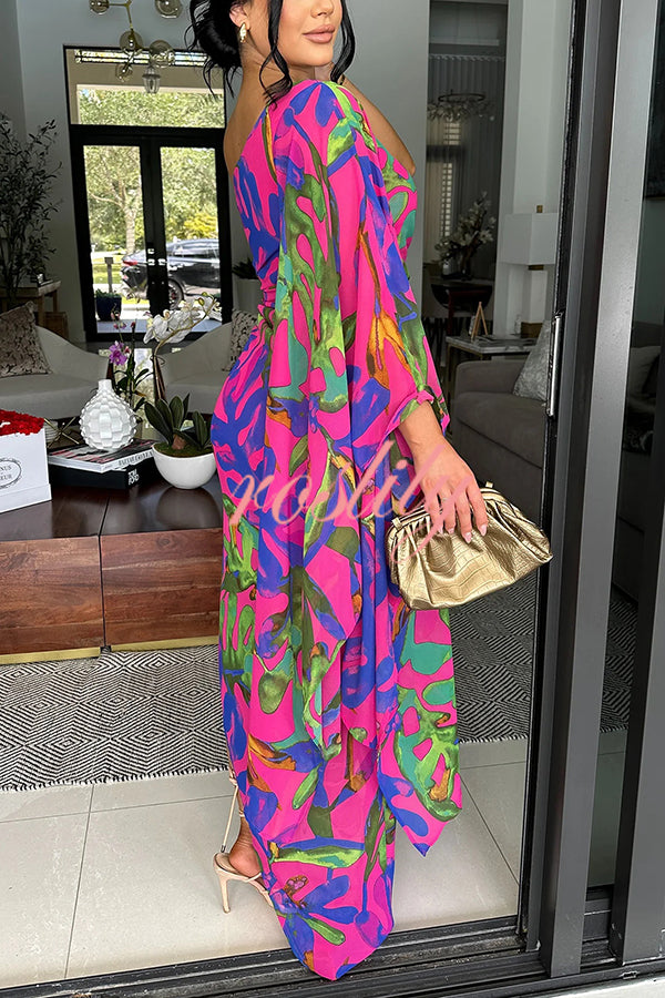 Colorful Printed One-sleeve Slim-fitting Slit Maxi Dress