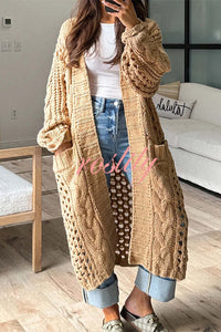 Jamila Knit Cable Cotout Long Sleeve Pocket Oversized Midi Cardigan