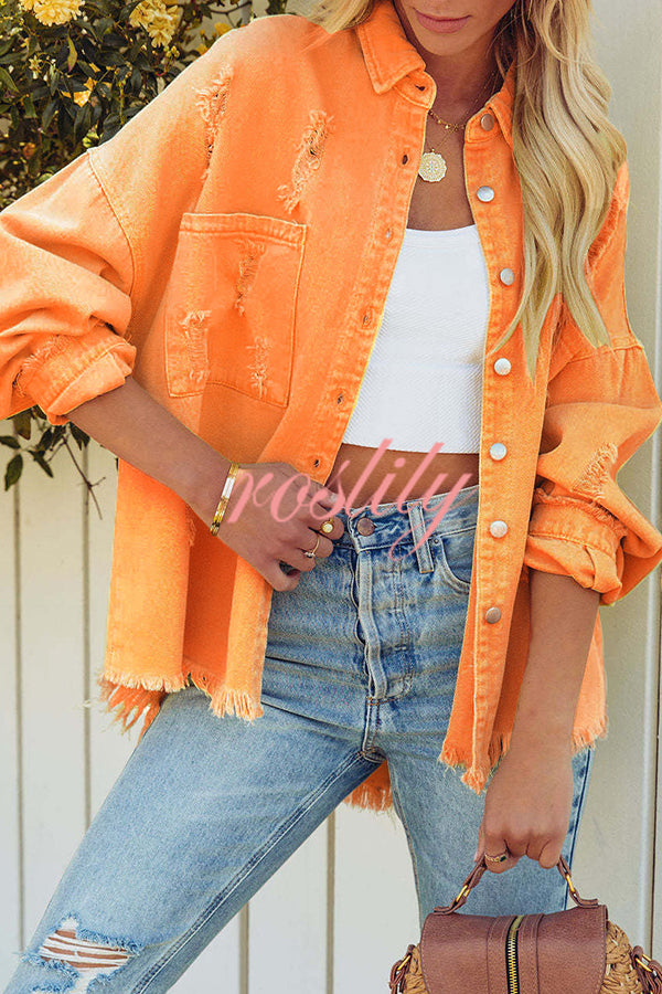 Stylish Lapel Long Sleeve Ripped Denim Jacket