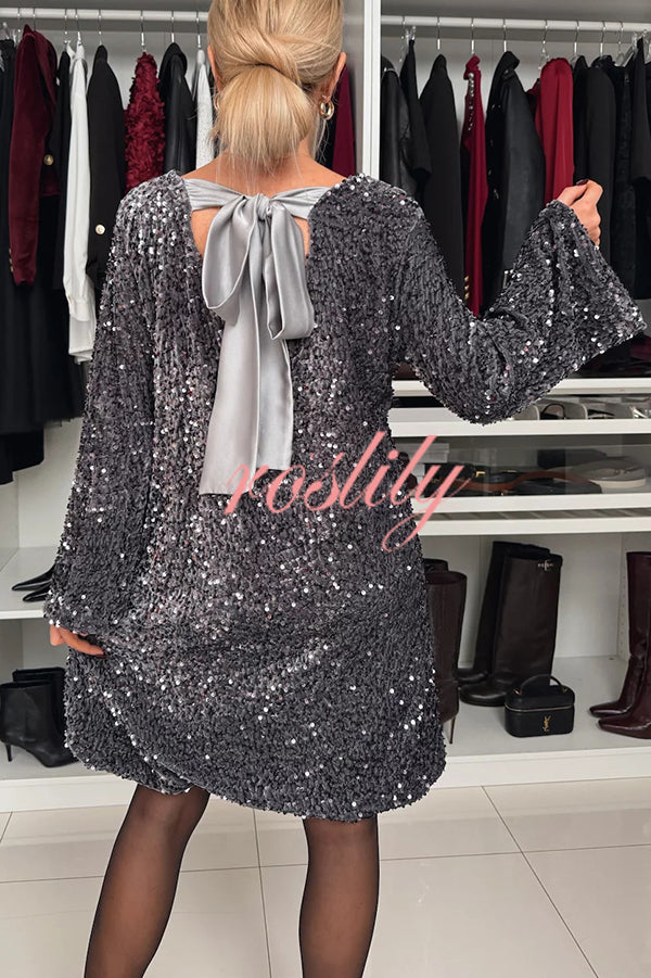 Velvet Sequin Back Bow Bell Sleeves Loose Mini Dress