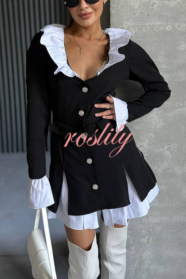 Altair Contrast Ruffled Shirt Patchwork Button Pleated Blazer Mini Dress