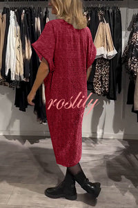 Solid Color Glossy V-neck Short-sleeved Loose Midi Dress