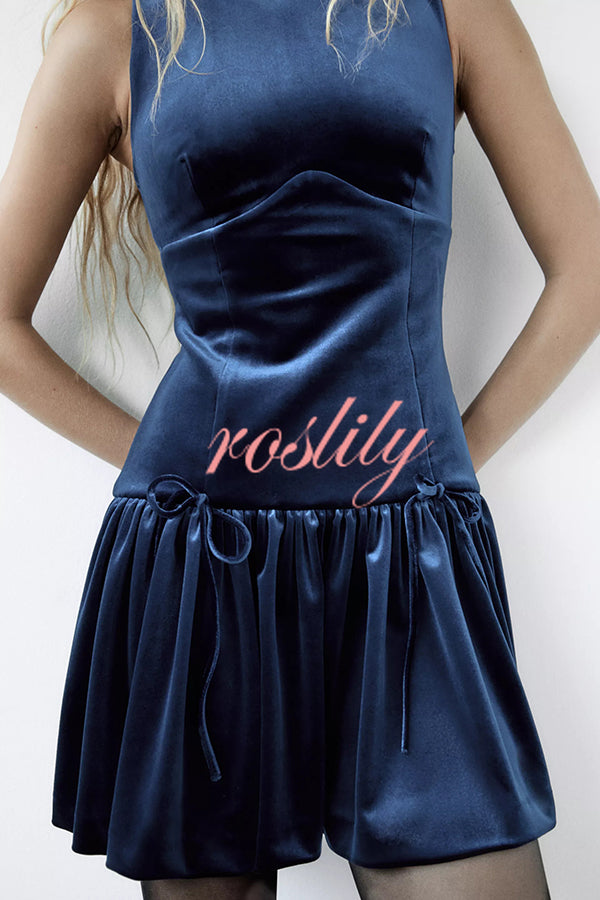 Solid Velvet Bow Embellished Sleeveless Mini Dress