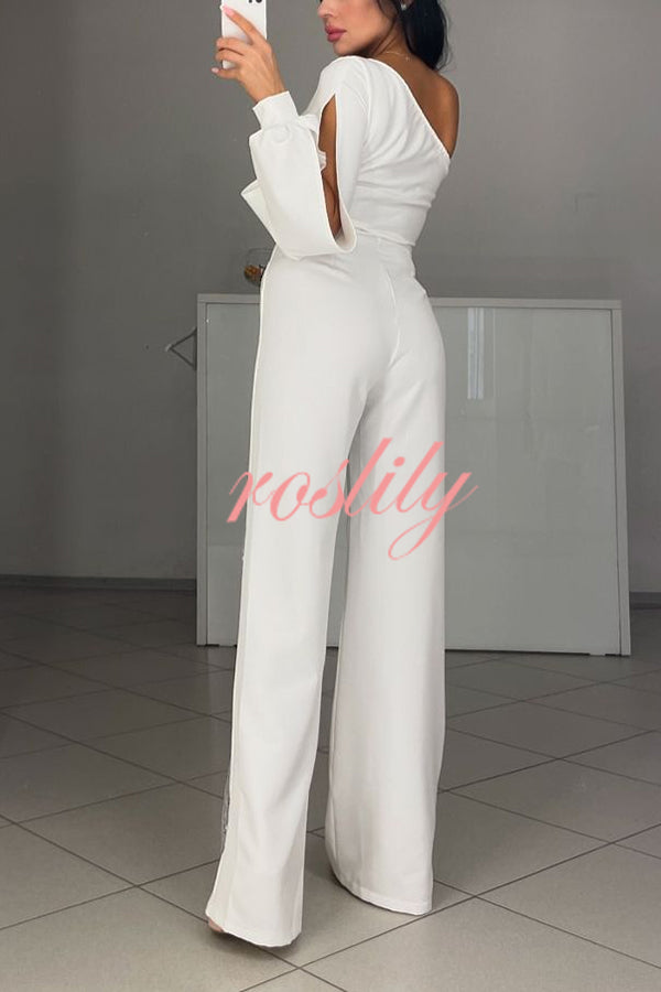 Fashionable Oblique Shoulder One-sleeve Sexy High Slit Slim Jumpsuit