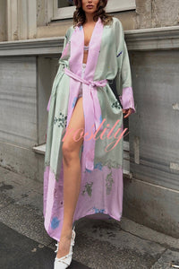 Karty Satin Unique Print Long Sleeve Belt Lapel Kimono Cover-ups