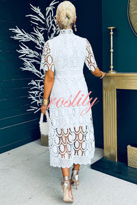 Elegant Crocheted Cutout Lace Short-sleeved Stand-collar Midi Dress