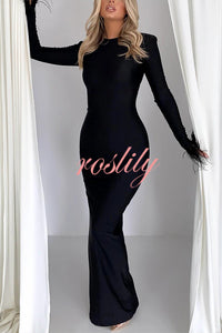 Solid Color Round Neck Ostrich Feather Long Sleeve Slim Maxi Dress