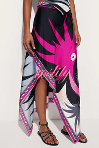 Satin Unique Print Halter Top and Irregular Midi Skirt Set
