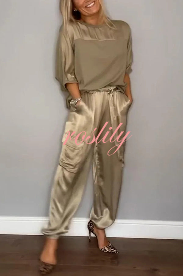 Calissa Smooth Satin Half-sleeved Top and Elastic Waist Pocket Pants Set