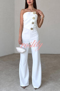 Solid Color Sexy Tube Top Gold Button Embellished Bootcut Jumpsuit