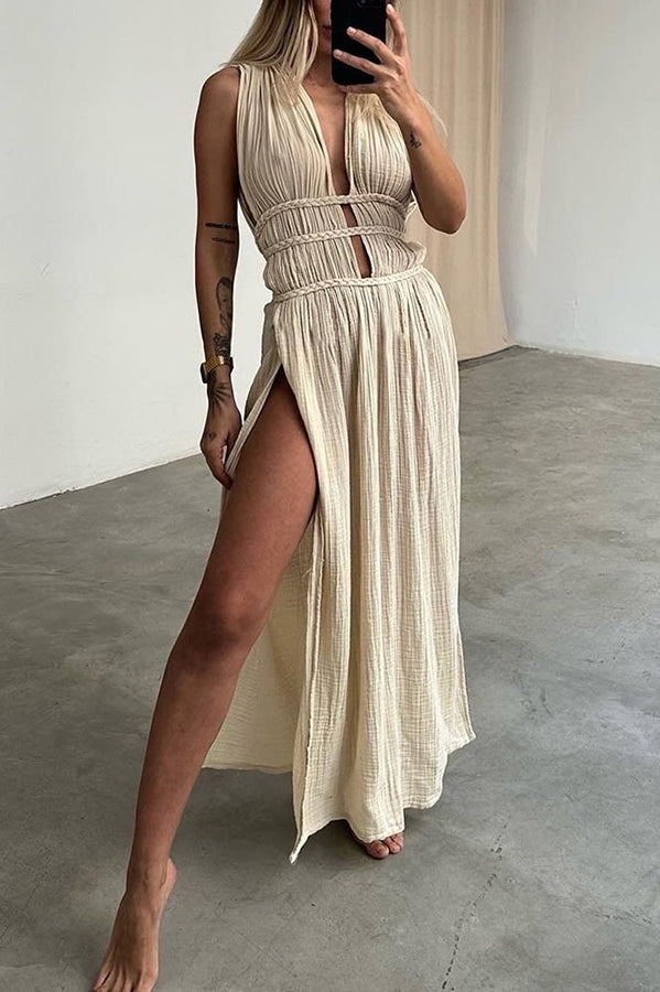 Boho with Elegance Linen Blend Braids Belt Cutout Slit Kaftan Maxi Dress