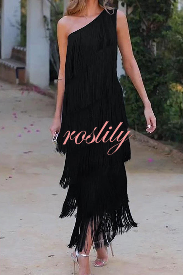 Stylish Fringed One Shoulder Asymmetric Midi Dress