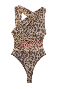 Absolute Trend Mesh Leopard Asymmetric Ruched Stretch Bodysuit