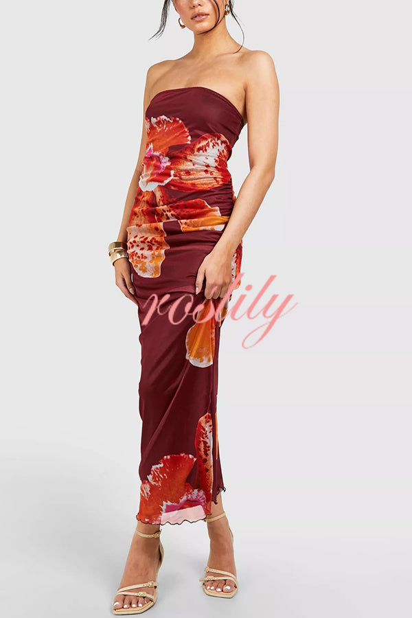 Oh So Sunny Mesh Floral Print Bandeau Stretch Maxi Dress