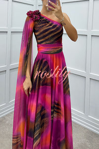 Lucia Unique Print Floral Detail One Shoulder Draped Sleeve Gown Maxi Dress