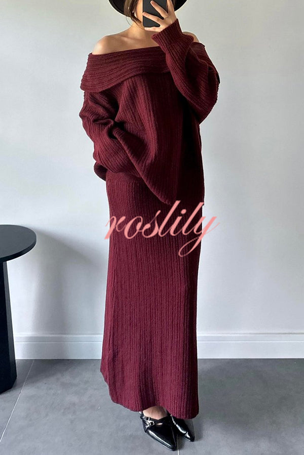 Luka Ribbed Knit Off Shoulder Long Sleeve Sweater and Stretch Maxi Skirt Set