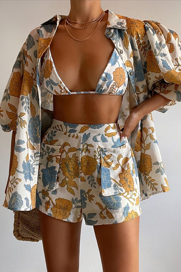 Hawaii Beach Floral Oversized Blouse with Cami Bra and Pocketed Short Set