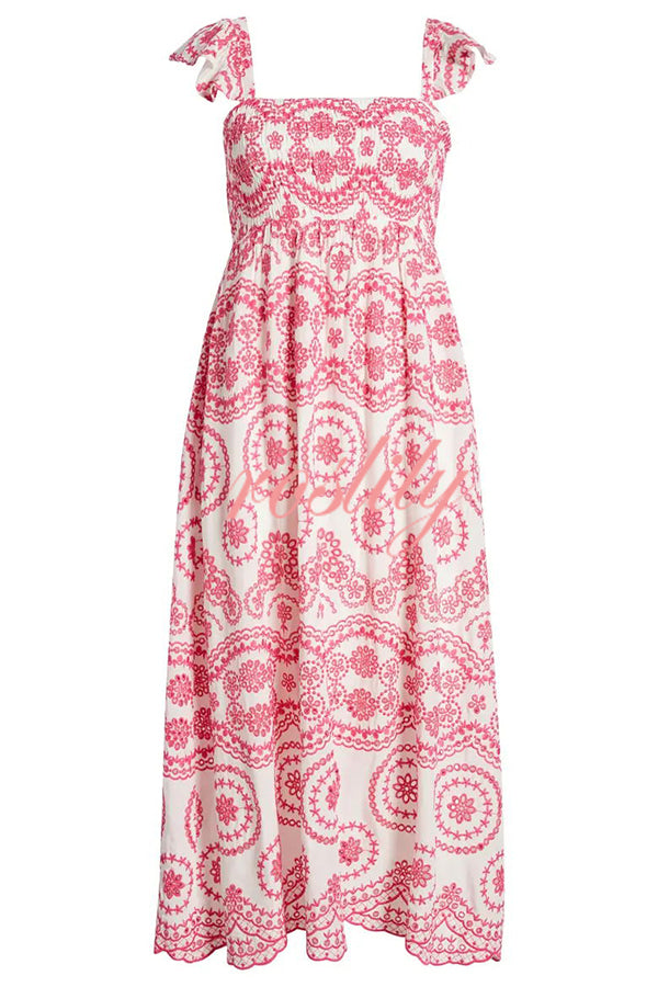 Darling & Dainty Embroidery Style Unique Print Smocked Midi Dress