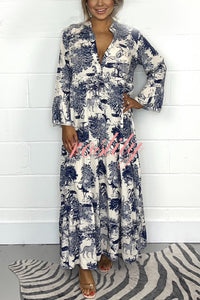 Botanical Print Casual V-neck Trumpet Sleeve Maxi Dress