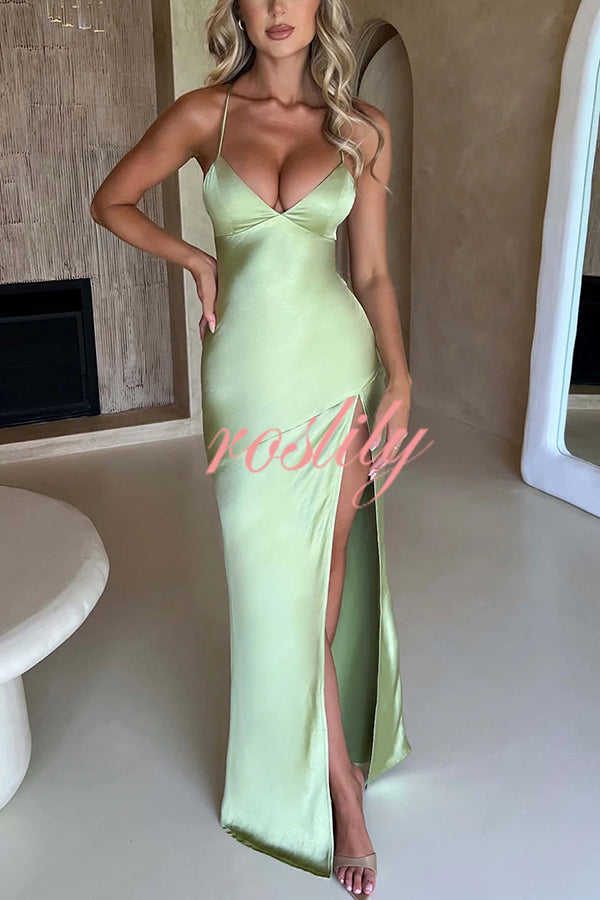 Satin Solid Color Sexy Backless Lace Up High Slit Maxi Dress