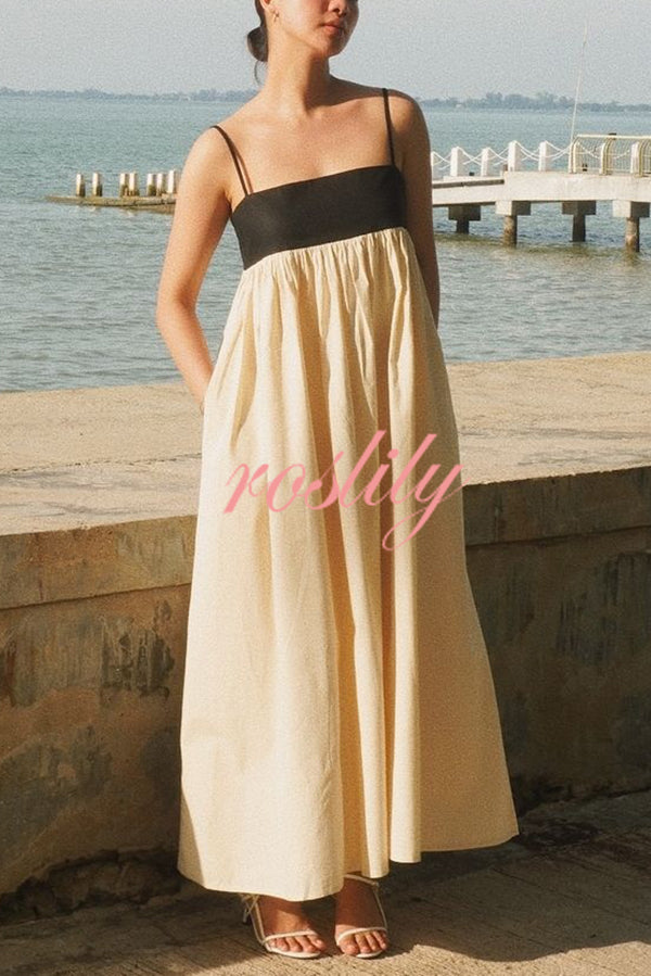 Linen Blend Sexy Sling Backless Contrast Maxi Dress