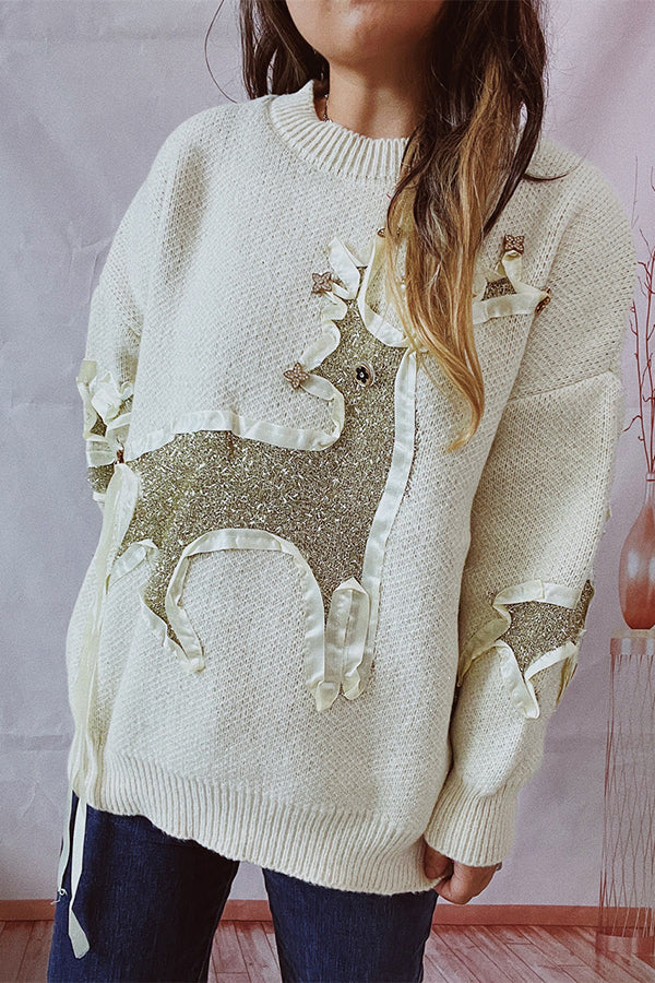 Christmas Pattern Knitted Crew Neck Long Sleeved Sweate