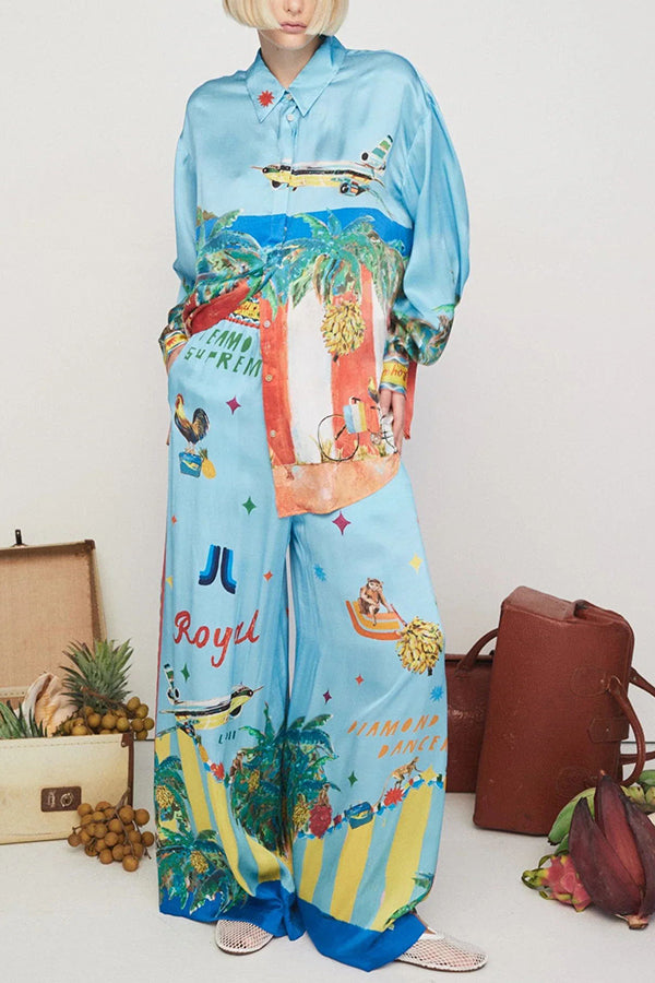 Vacation Flights Satin Unique Print Elastic Waist Pocketed Wide Leg Pants