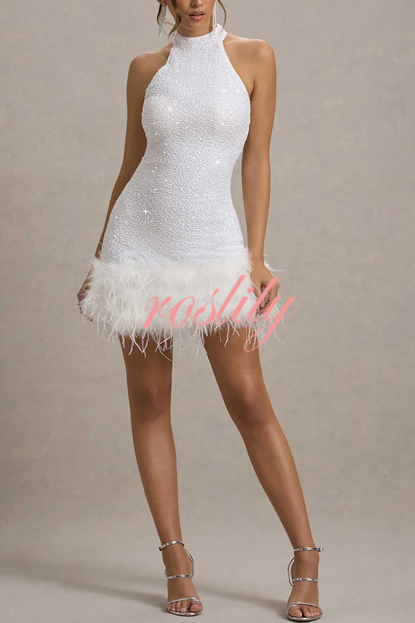 Dazzling and Playful Sequin High Neck Feather Trim Stretch Mini Dress