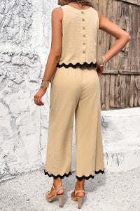 Wave Trimmed Round Neck Buttoned Elastic Waist Pants Suit