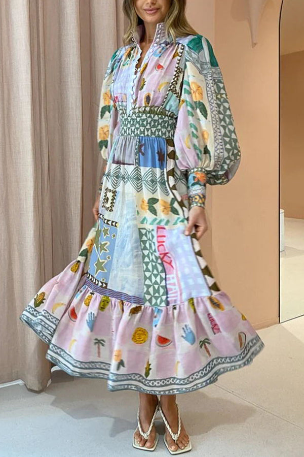 Playfully Chic Unique Print Balloon Sleeve Smocked Waist Shirt Midi Dress