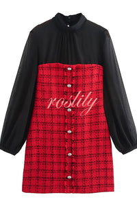 Festive Elegance Tulle Plaid Tweed Patchwork Balloon Sleeve Mini Dress