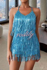 Shiny Sexy Halterneck Backless Lace-up Fringed Sequin Rompers