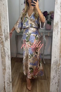 Satin Floral Print V-neck Half-sleeve Loose Top and Elegant Maxi Skirt Set