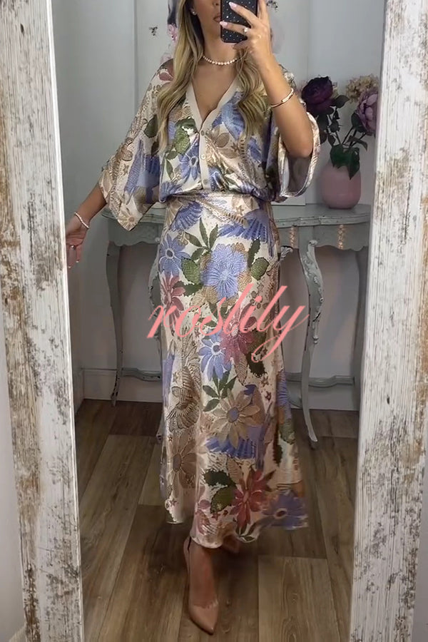 Satin Floral Print V-neck Half-sleeve Loose Top and Elegant Maxi Skirt Set