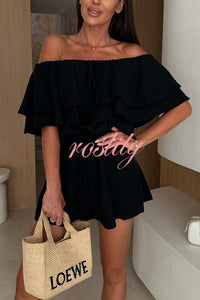 Solid Color Off-shoulder Ruffled Casual Waist Rompers