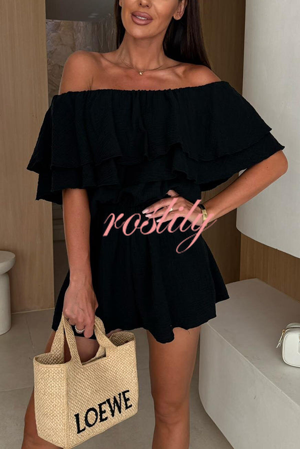 Solid Color Off-shoulder Ruffled Casual Waist Rompers