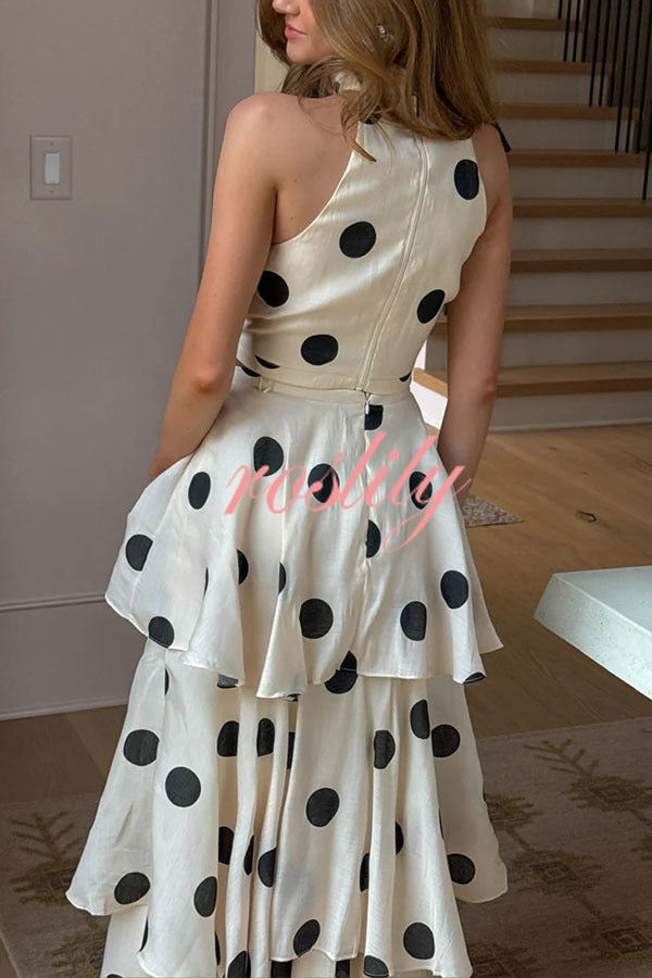 Gift To You Polka Dot Print High Neck Sleeveless Top and Layered Hem Maxi Skirt Set