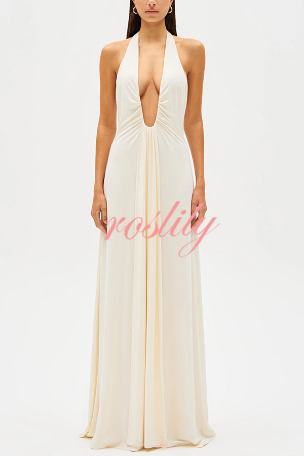 Sexy Silhouette Deep U-neck Halter Waterfall Sash Drape Maxi Dress